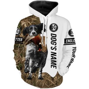 Pheasant Hunting with Llewellin English Setter Dog (Blue belton) Custom Name Camo Full Printing Shirts Hoodie Hoodie ND