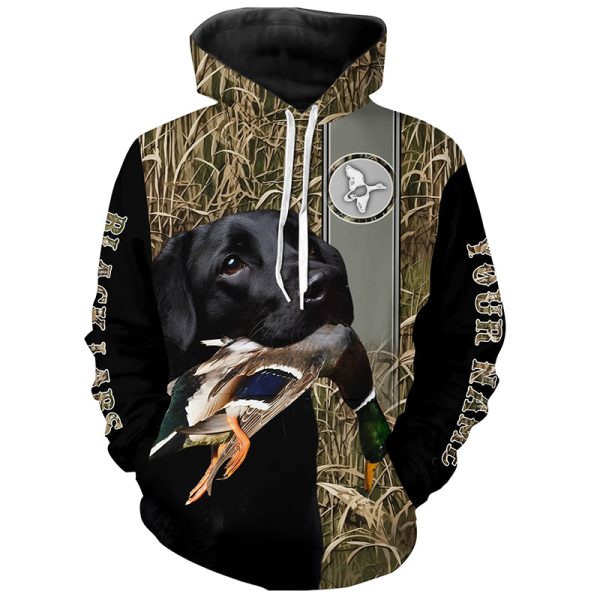 Black Labrador Duck Hunting with Dog Waterfowl Camo Custom Name All Over Printed Shirts Personalized Gifts Hoodie ND